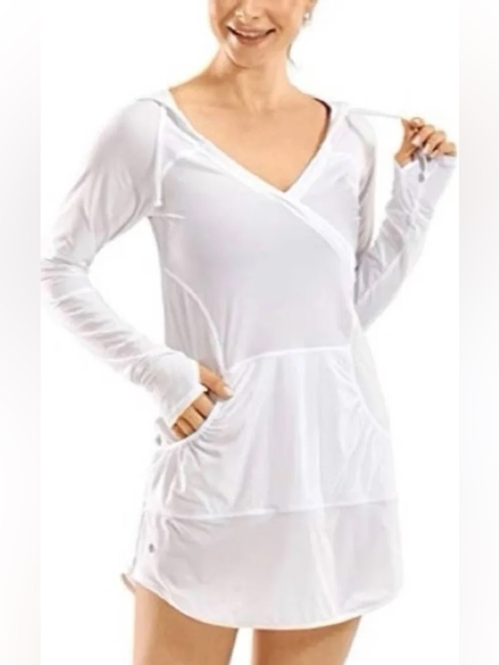 Athleta White Hooded Long-Sleeve Swim Coverup Tunic UPF 50